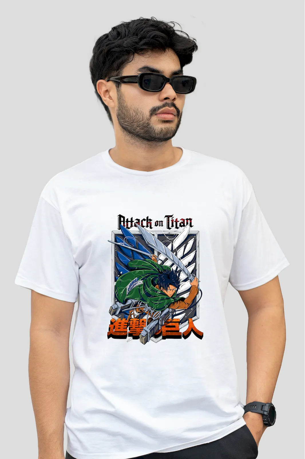 Levi Ackerman printed T-shirt inspired by Attack on Titan anime – premium cotton anime merchandise for fans