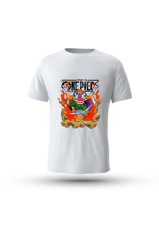 One Piece anime tee featuring Buggy – a symbol of luck, laughs, and legend