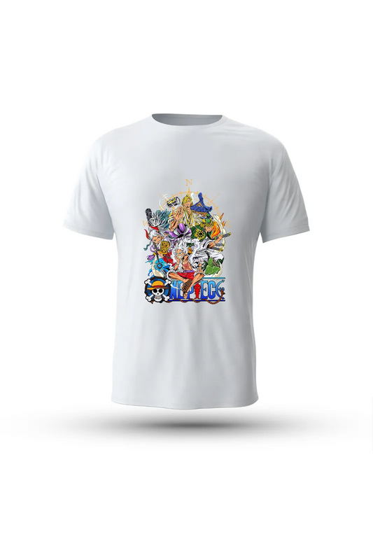 One Piece New World Saga tee – Gear 5 Luffy leads his crew with freedom, fire, and laughter