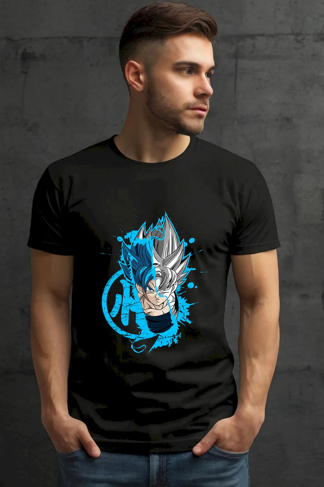 Goku Blue Dragon Ball Dual Form T-shirt – experience the power and grace of Goku’s Super Saiyan Blue transformation
