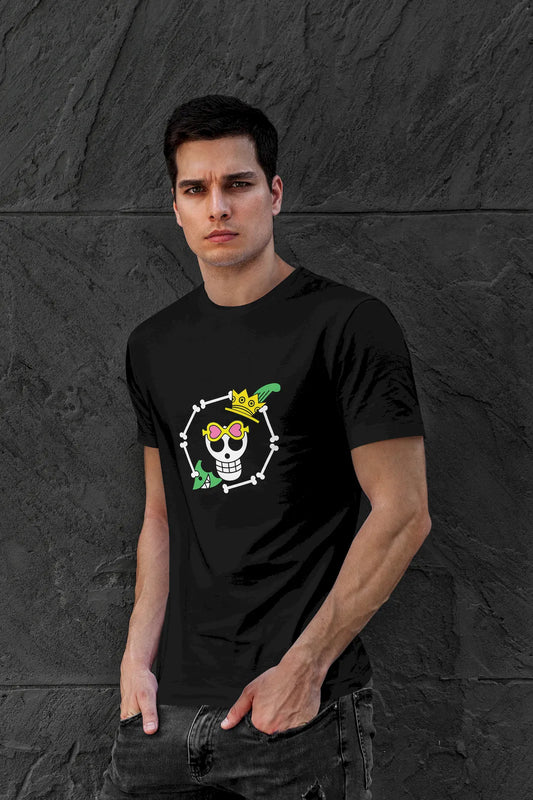 Soul King Brook Crown One Piece Skeleton T-shirt – wear the royal rhythm and iconic style of the Straw Hat’s rockstar soul
