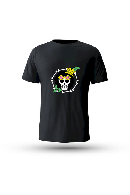 One Piece anime tee featuring Soul King Brook – bold skeleton energy and royal flair

